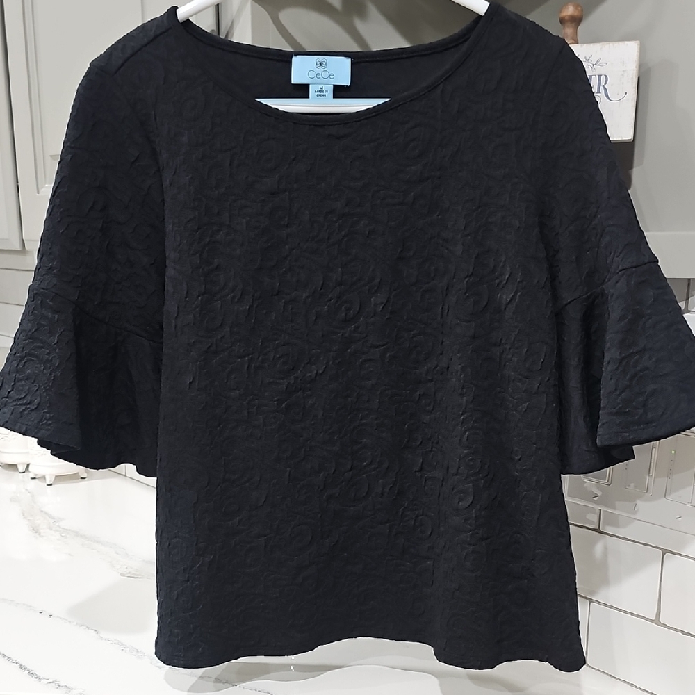 CeCe Black Floral Textured Blouse